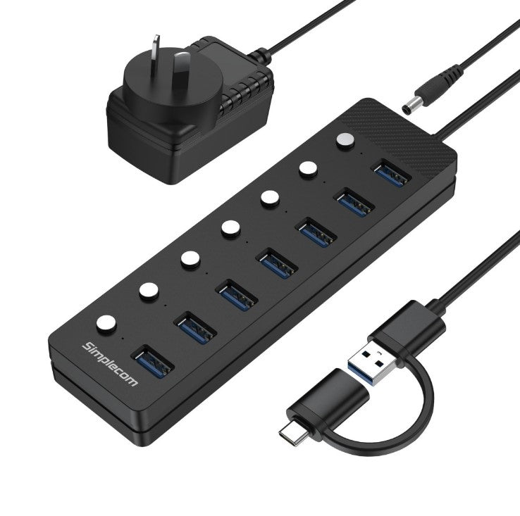 Simplecom CH375C USB-A and USB-C to 7-Port USB 3.0 Hub 5Gbps Individual Switches and Power Adapter Simplecom CH375C USB-A and USB-C to 7-Port USB 3.0 Hub 5Gbps Individual Switches and Power Adapter